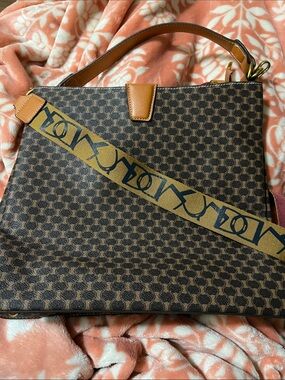 Brown Patterned Designer Inspired Shoulder Bag with Tan Leather Trim